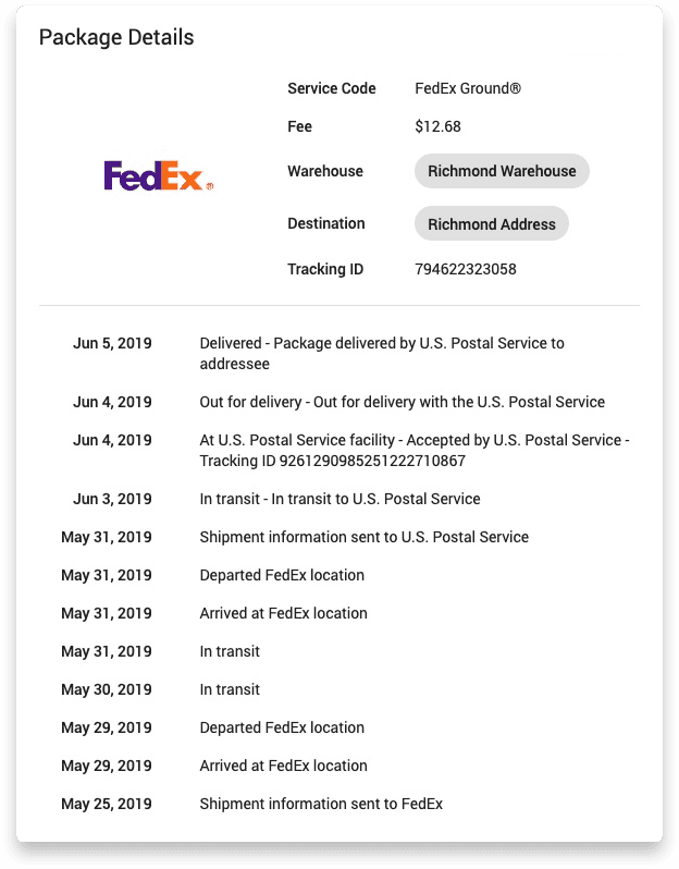 Screenshot of delivery package details