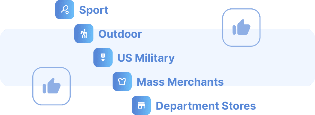 Illustration showing sporting and outdoor goods retailers, mass merchants, e-retailers, independent and specialty stores, mid-tier retailers, department stores, and the US military.