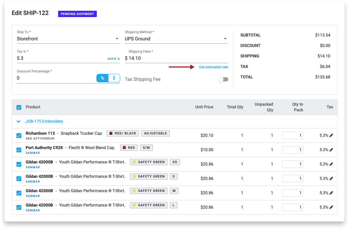 Screenshot of delivery shipping estimate
