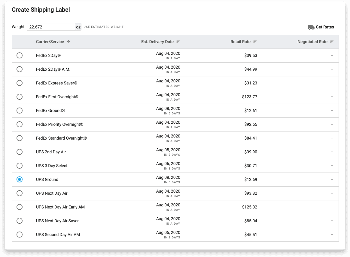 Screenshot of delivery shipping labels