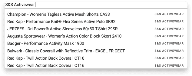 Screenshot of the application displaying a search bar with the query 'S&S Activewear'.