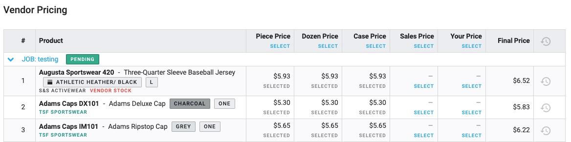 Screenshot of an Application showing the product pricings