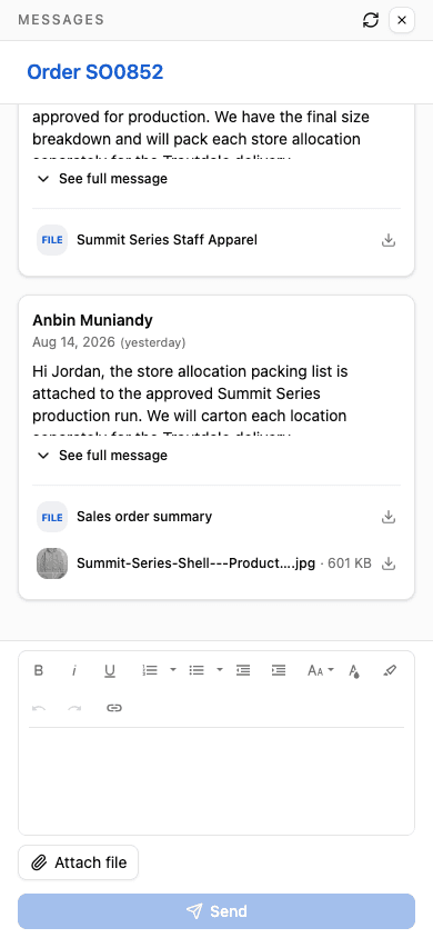 Mobile customer message thread with attachments and reply controls.