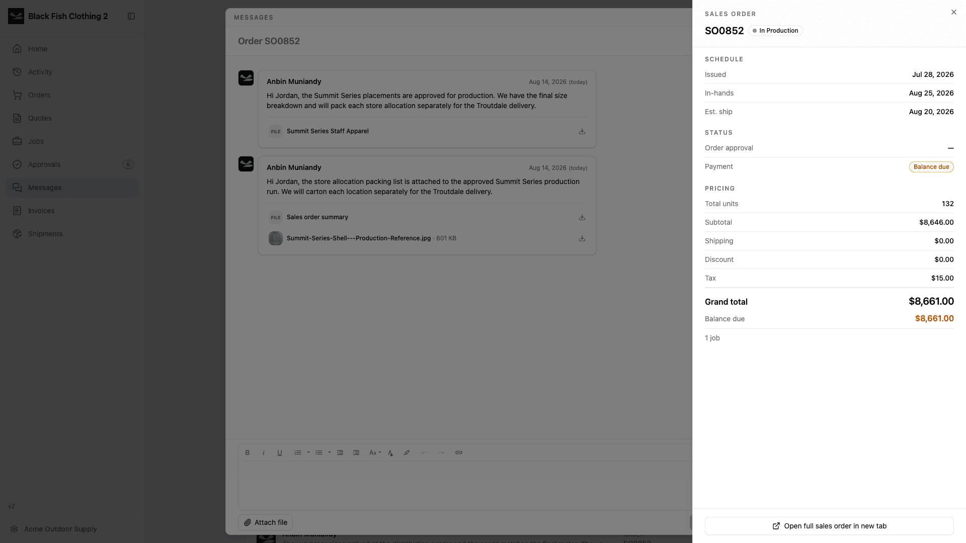 Customer message thread in light mode with attachments and its related sales order beside it.