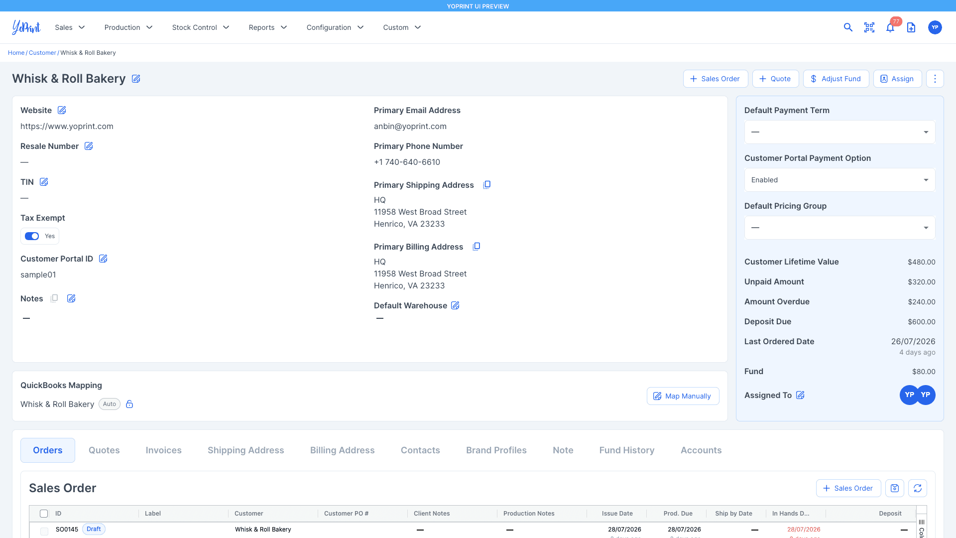 The previous light-mode customer detail page, with customer, finance, assignment, and order information on one long page.