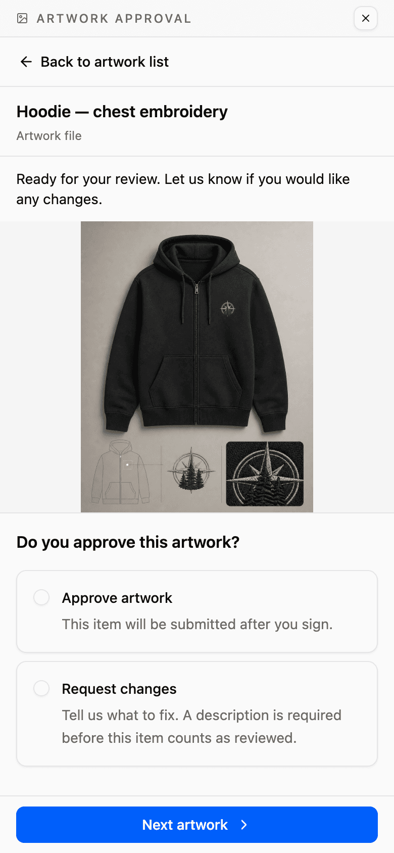 Hoodie artwork proof review on mobile with approval and change request options.