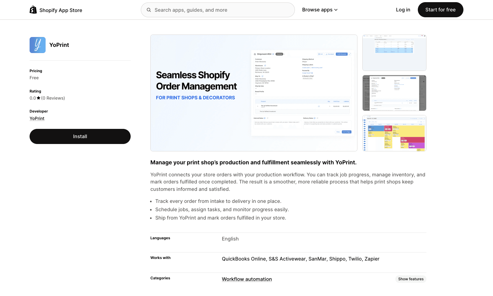 YoPrint's Shopify App Store listing showing the YoPrint app, install button, and order-management screenshots.