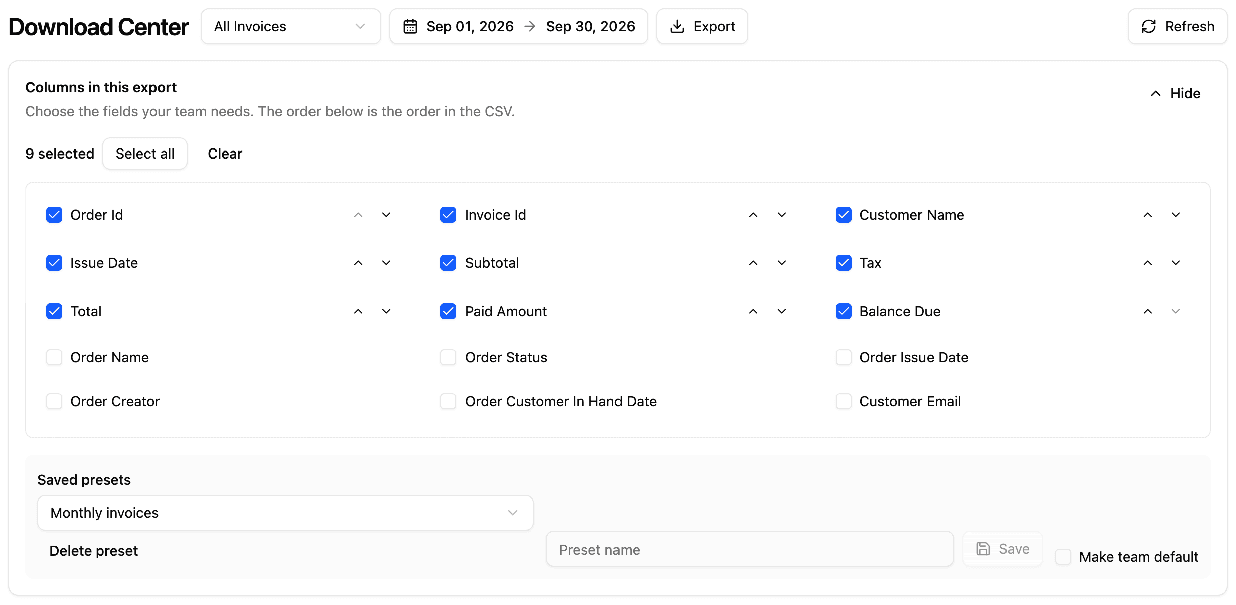 Choosing columns, with the Monthly invoices preset.