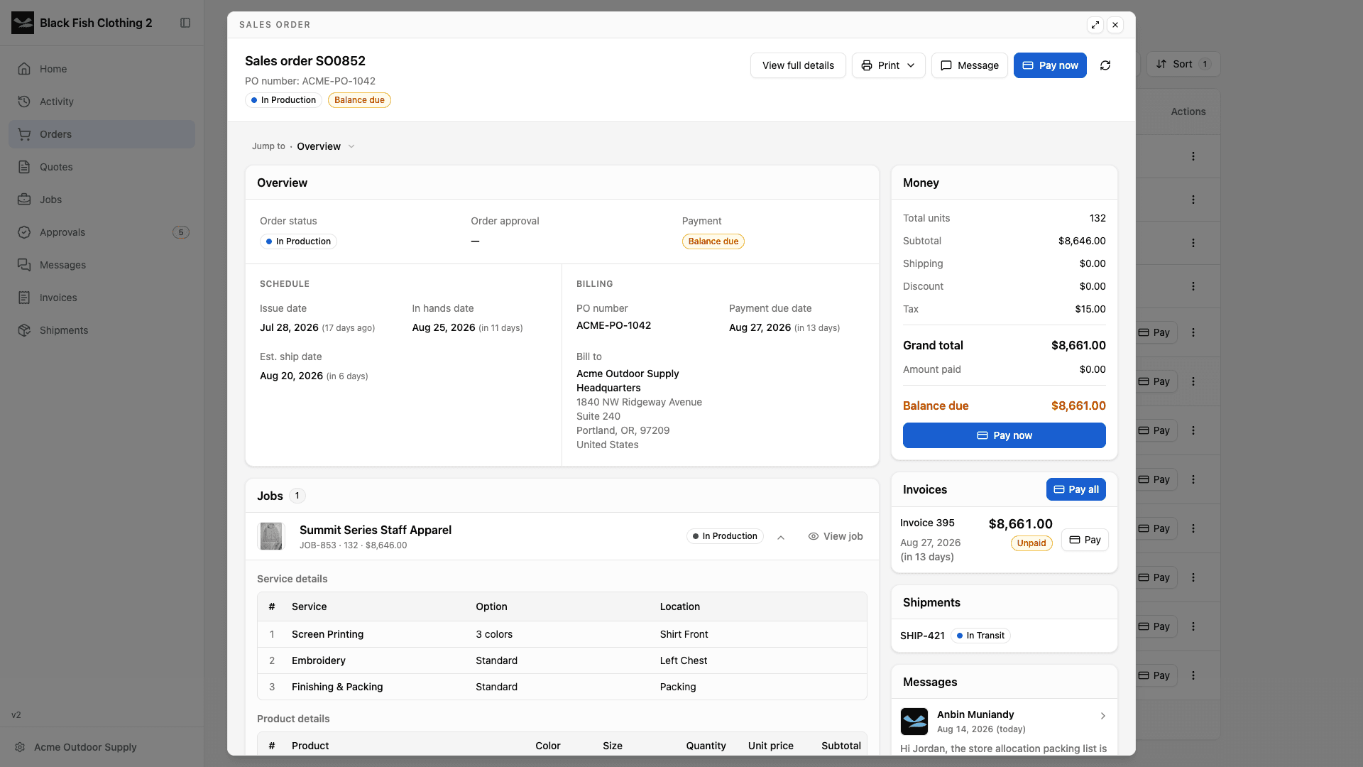 Sales order preview opened over the Orders collection with jobs, invoices, shipments, and messages in context.