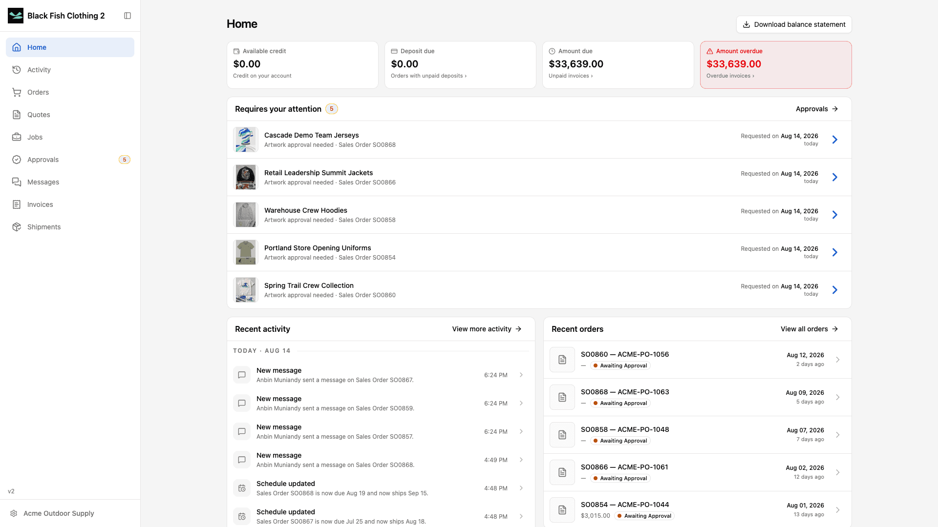 Customer Portal Home in light mode with account balances and work requiring attention.