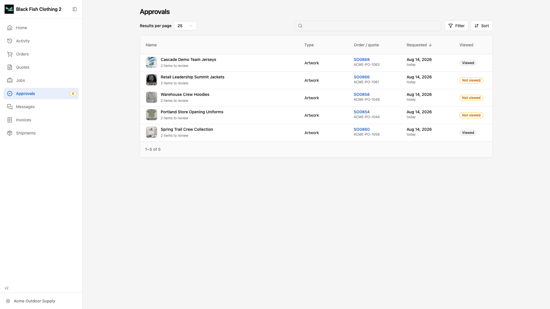 Approvals collection in light mode with artwork thumbnails, linked orders, request dates, and viewed state.
