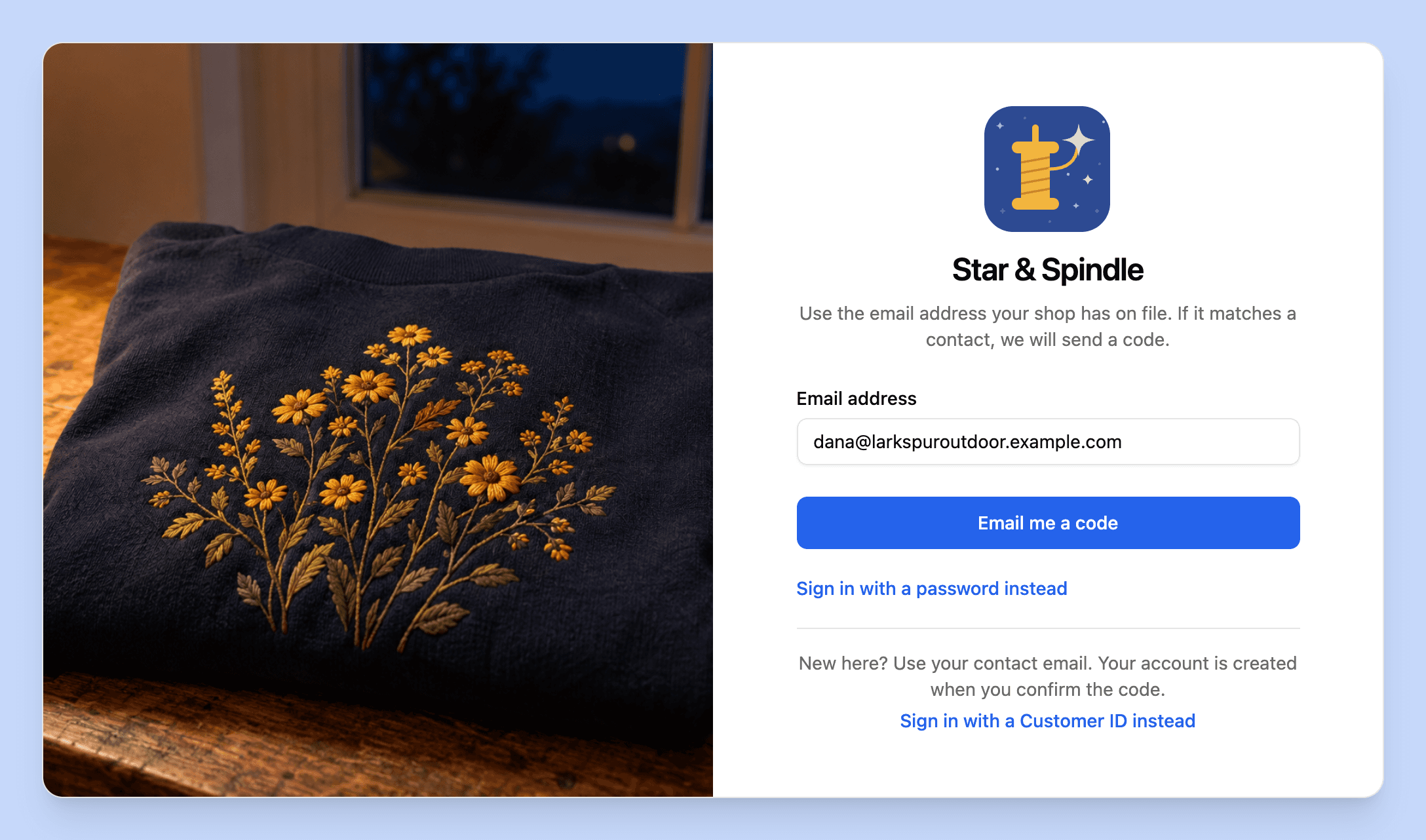 Shop sign-in page with email code login.