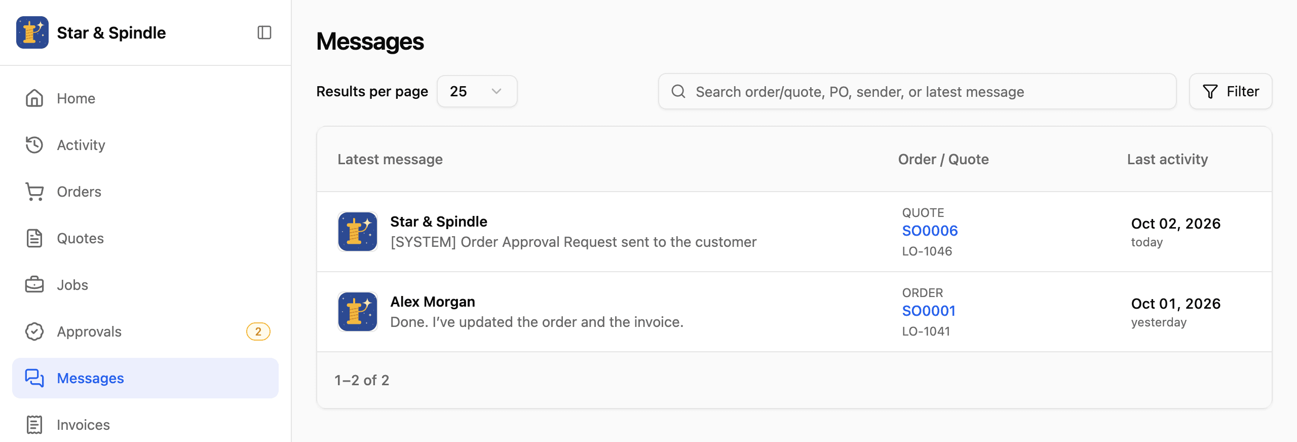 Messages inbox showing order and quote conversations with search filters.