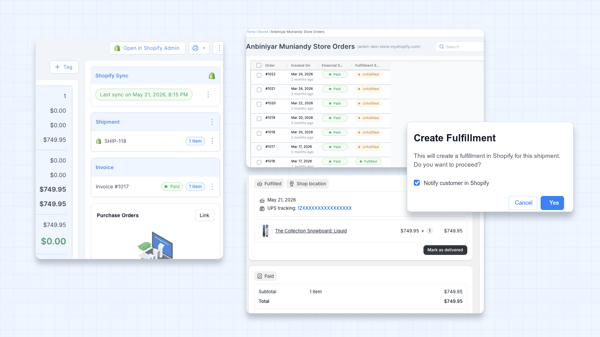YoPrint Shopify workflow collage showing imported Shopify orders, YoPrint sync status, fulfillment confirmation, and Shopify tracking update.
