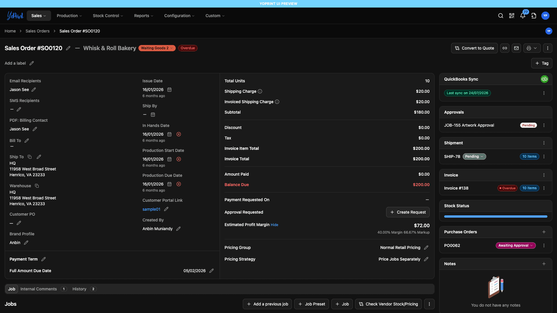 The new compact sales-order detail page shown in dark mode.