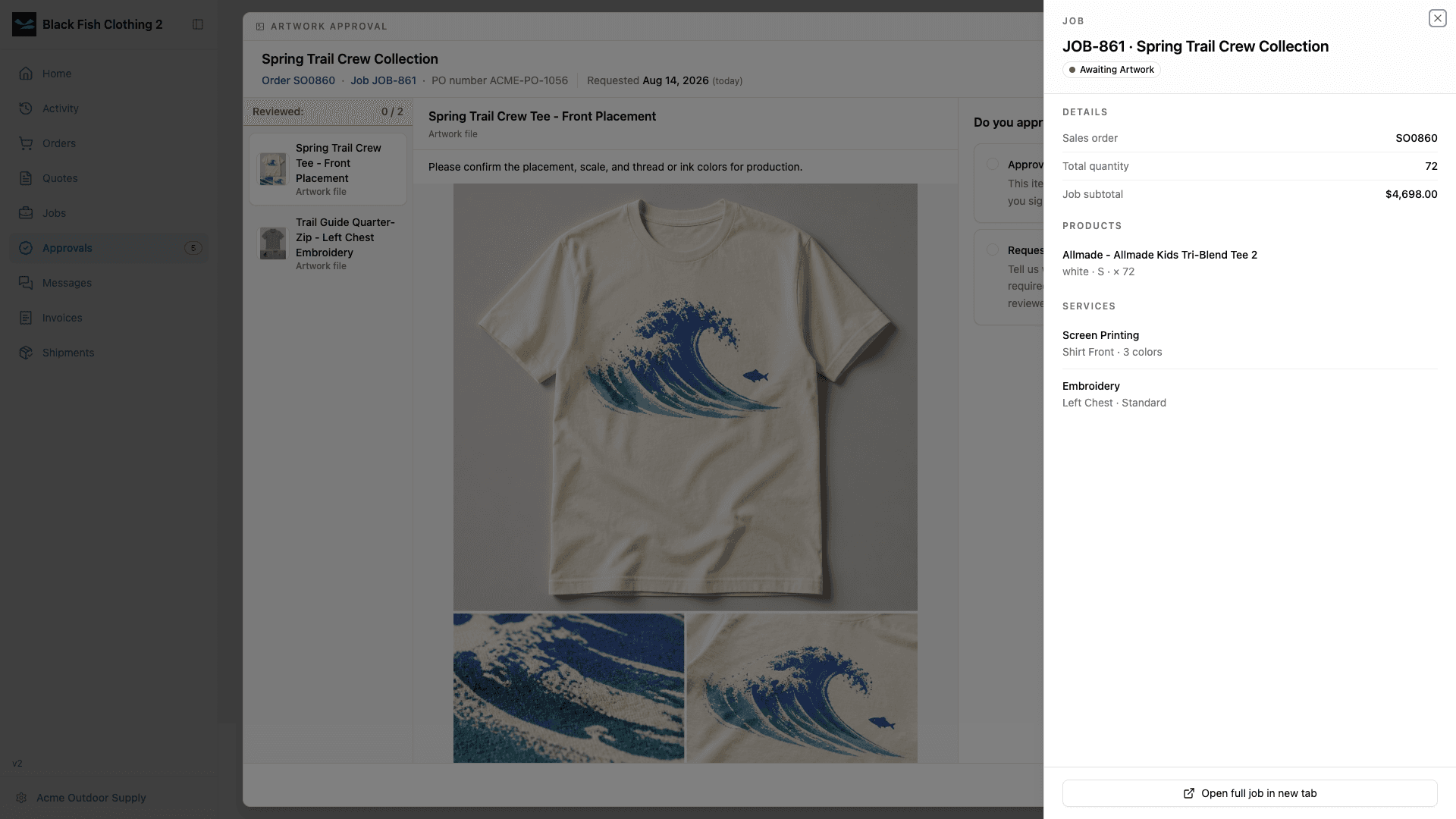 Related job open beside an artwork approval in light mode with sales order, quantity, products, and services.