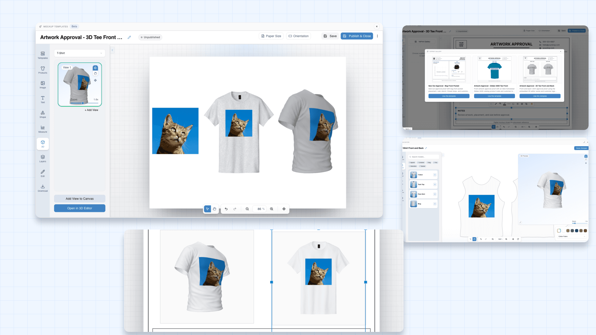 YoPrint Mockup Creator collage showing the editor canvas, template gallery, product search, and 3D preview surfaces.