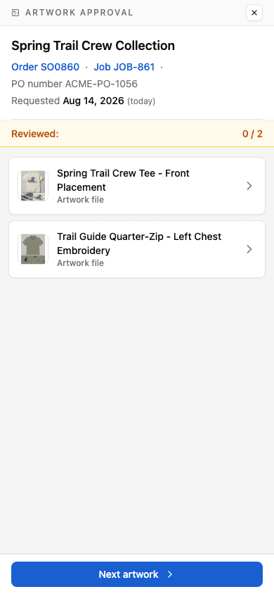 Mobile artwork approval with linked order and job, review progress, and the artwork items to review.