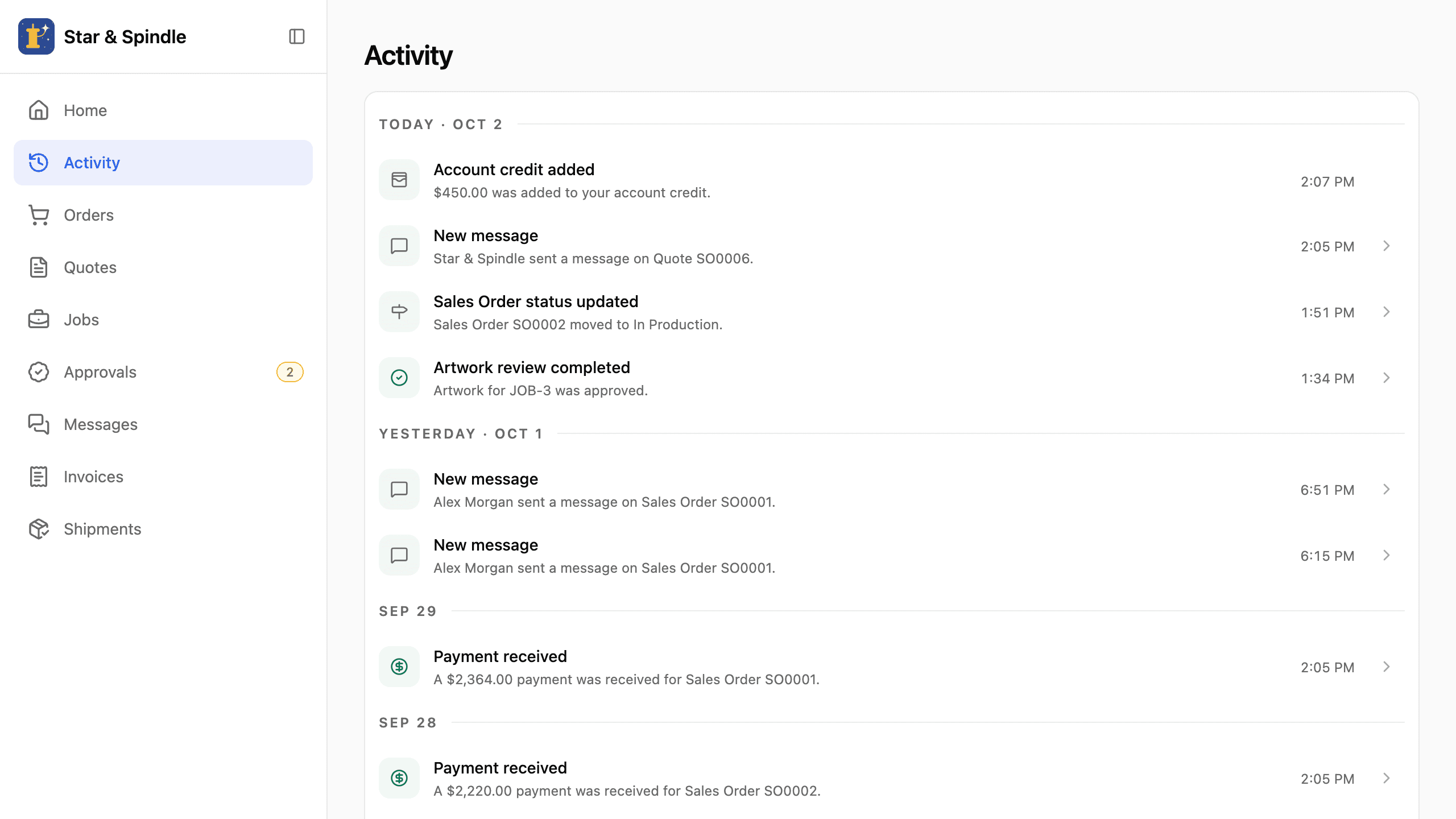 Activity page timeline showing recent updates and status changes.