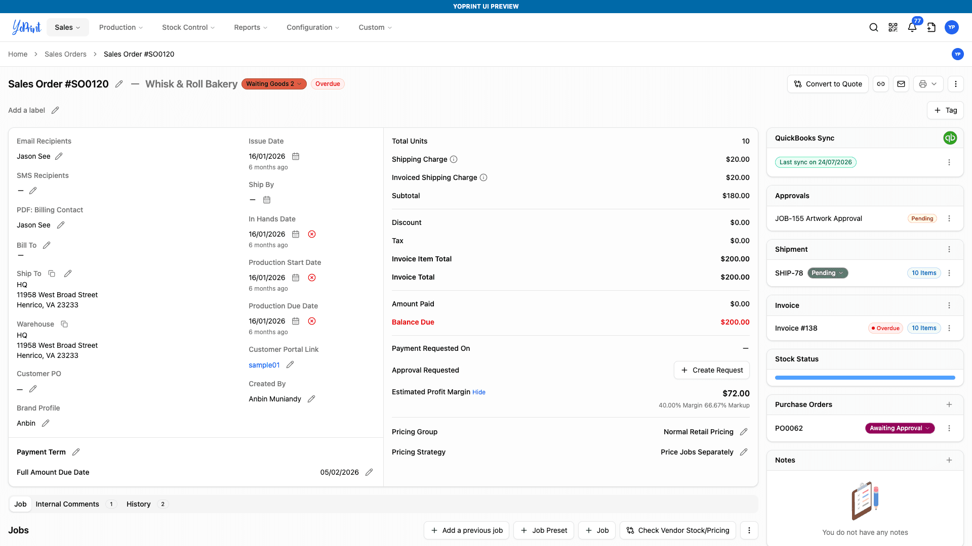 The updated YoPrint sales-order detail page in light mode.
