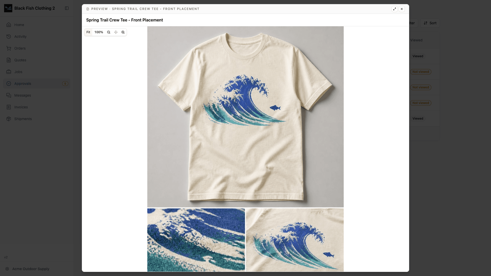 Full artwork preview in light mode with fit and zoom controls for inspecting a proof closely.