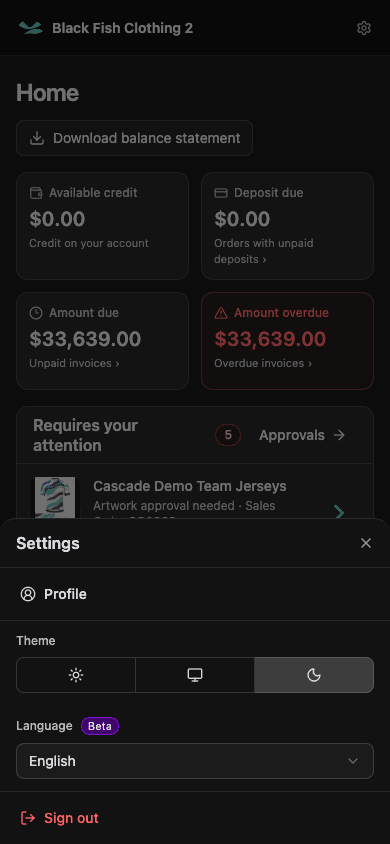 Mobile Settings sheet in dark mode with profile and theme controls.