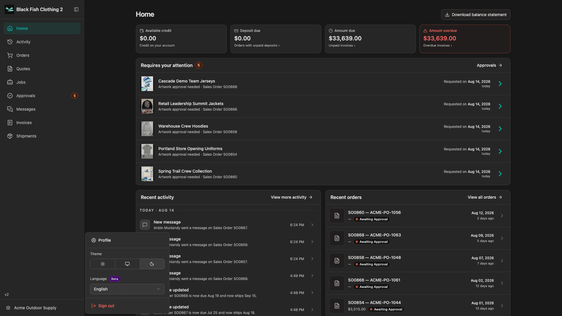 Desktop profile menu in dark mode with light, system, and dark theme choices.