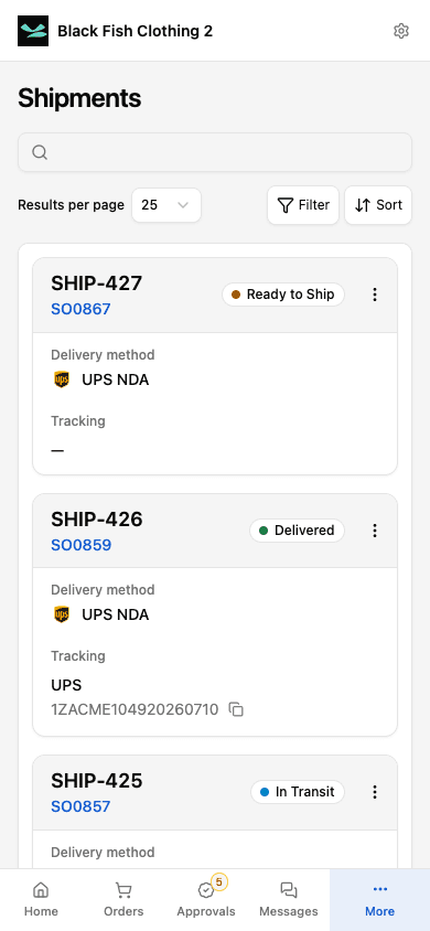 Mobile Shipments collection with delivery methods, statuses, and tracking details.