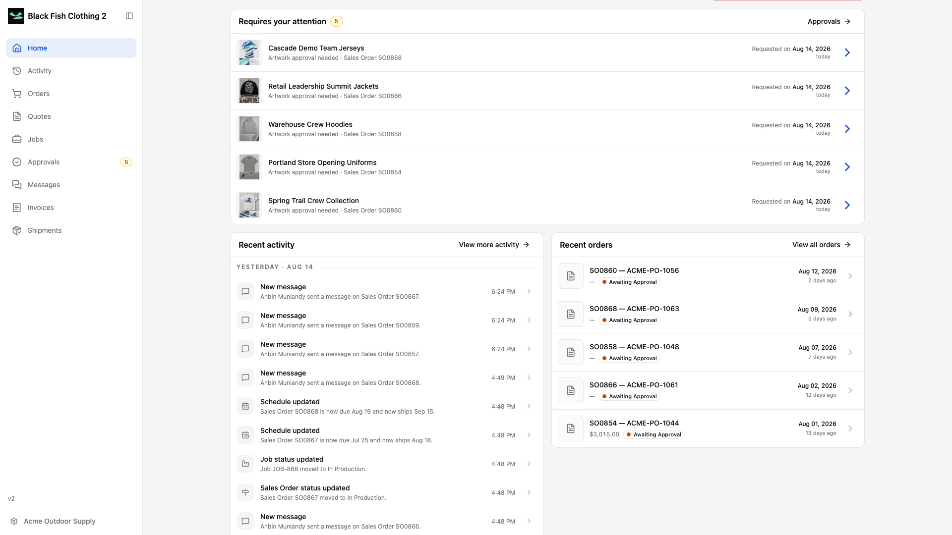 Customer Portal Home in light mode showing recent activity and recent orders.