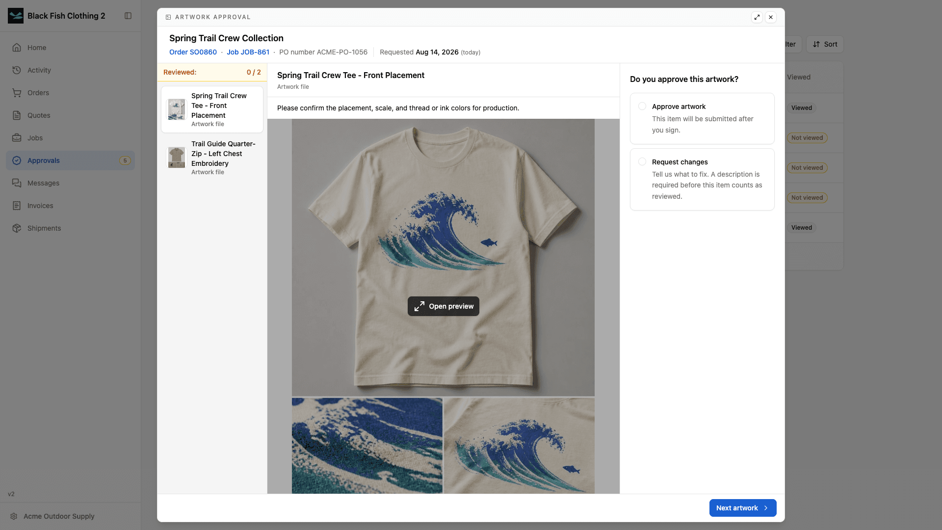 Artwork approval in light mode showing the first proof, the item list, review progress, and the approve or request-changes choices.
