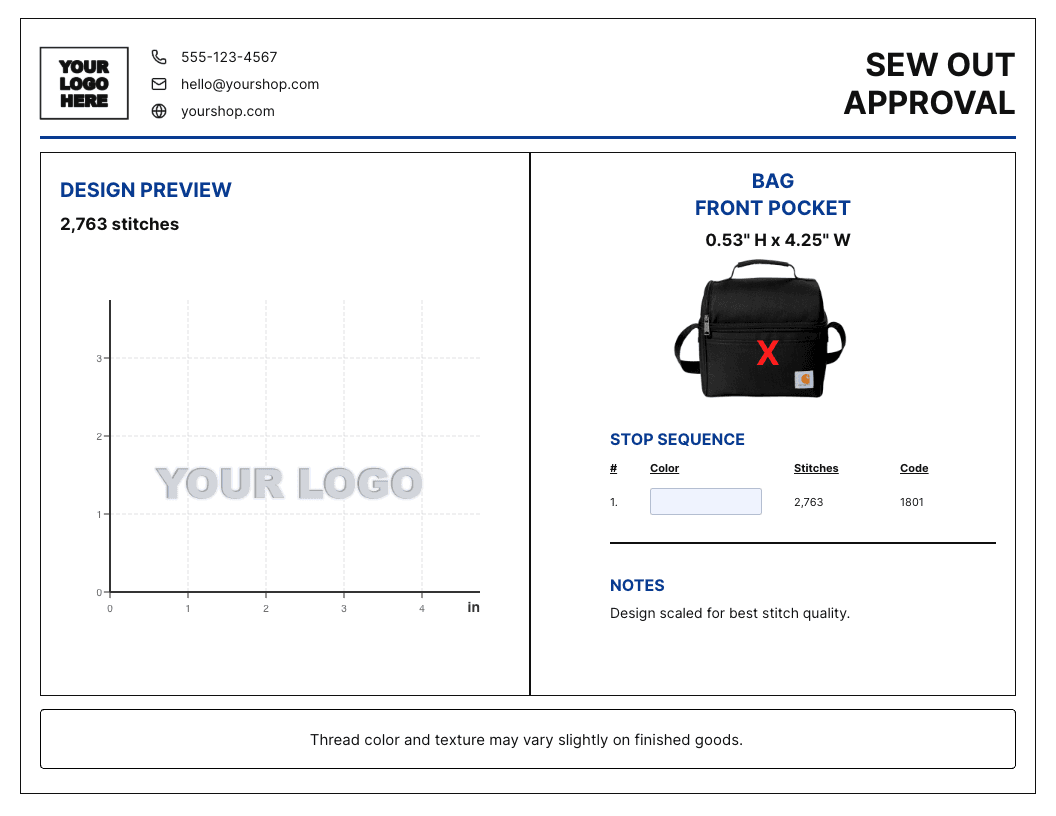YoPrint Mockup Template Gallery sew-out approval starter preview.