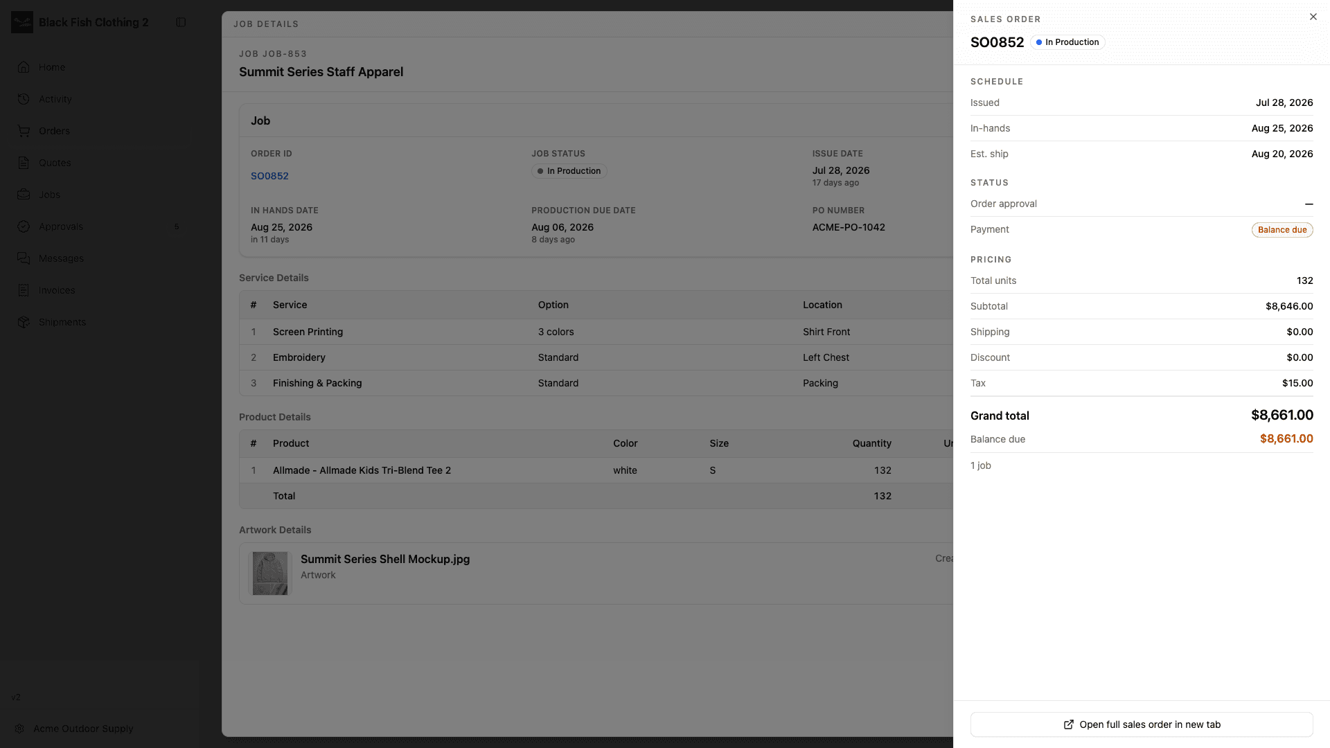 Job details in light mode with the parent sales order open beside them.