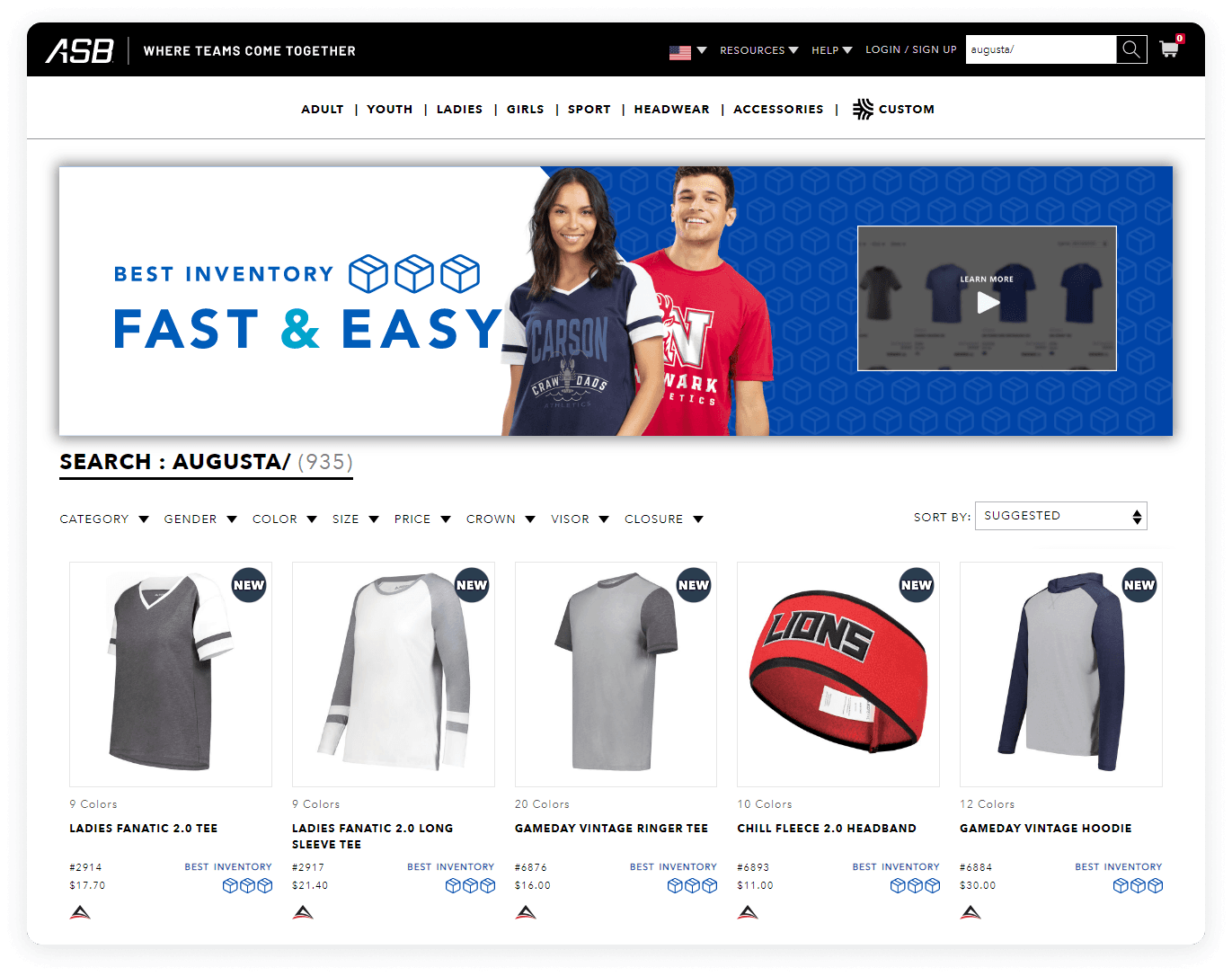 Screenshot of the Augusta Sportswear website