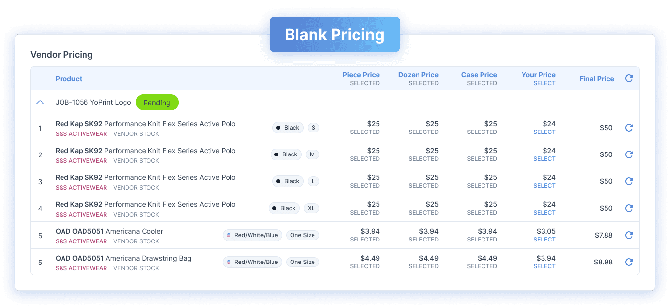 Screenshot of an Application showing the product pricings