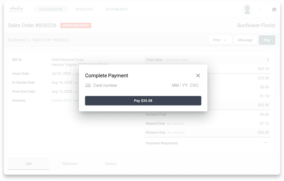 Screenshot of the online payment feature modal