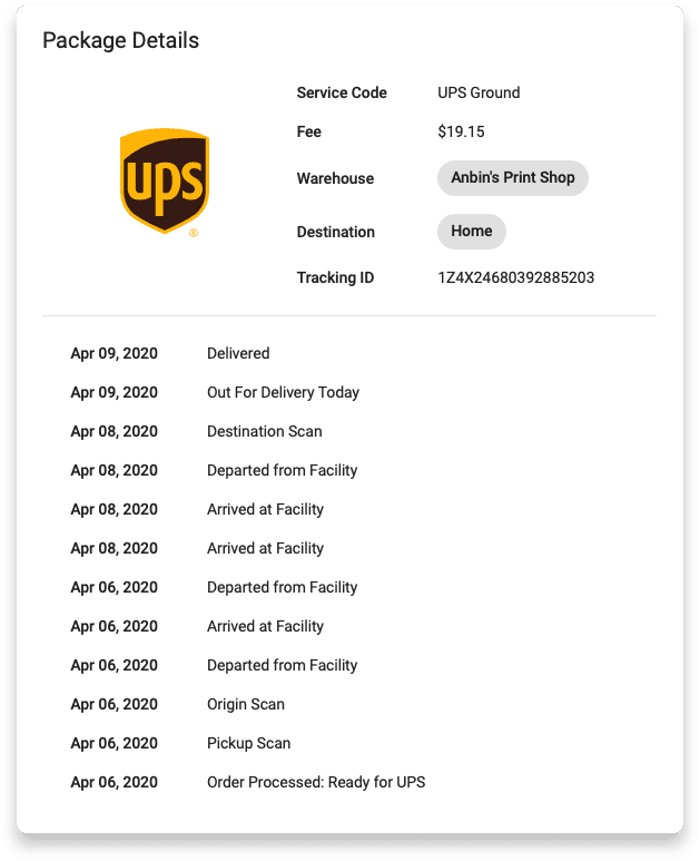Screenshot of delivery package details