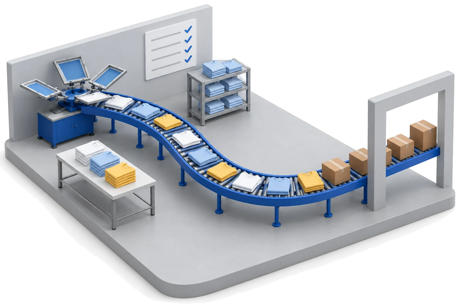 A print-shop floor at work: a screen-printing press feeds one long conveyor of folded shirts that leave the shop as packed cartons, with a planner on the wall ticked for every week.