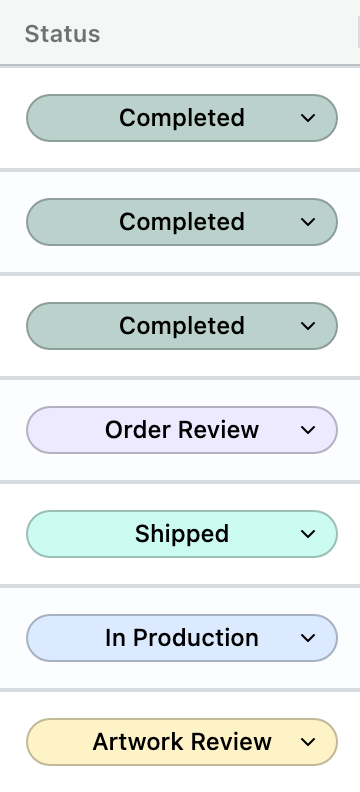 The Status column for the same orders: Completed, Completed, Completed, Order Review, Shipped, In Production and Artwork Review.
