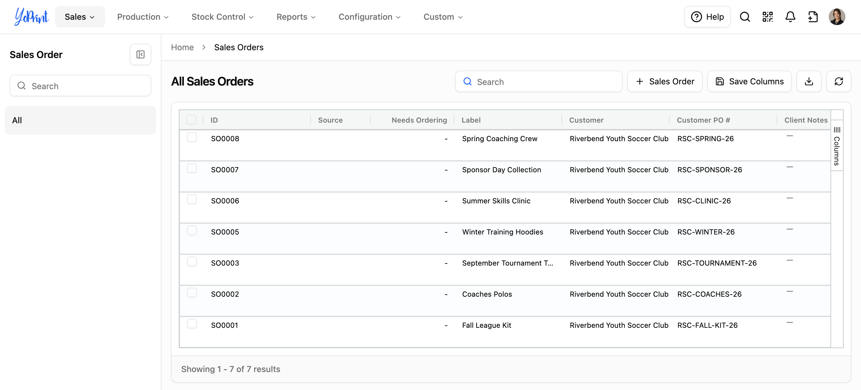 The Sales Orders list in YoPrint: seven orders for Riverbend Youth Soccer Club, each with its order number, label and customer PO.