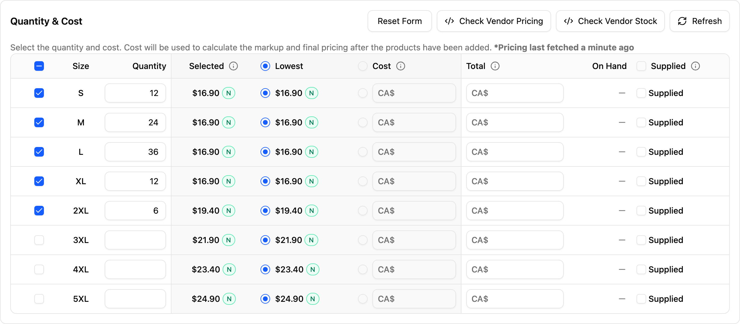 SanMar Canada account pricing for apparel variants in YoPrint