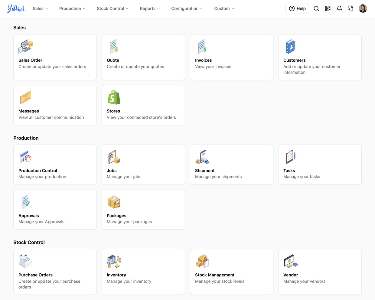 YoPrint's home screen: cards for sales orders, quotes, invoices, customers, messages and stores, then production control, jobs, shipments and tasks