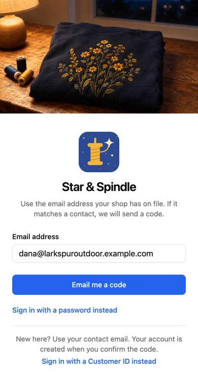 Star & Spindle's Customer Portal sign-in on a phone, with an email address field and an Email me a code button