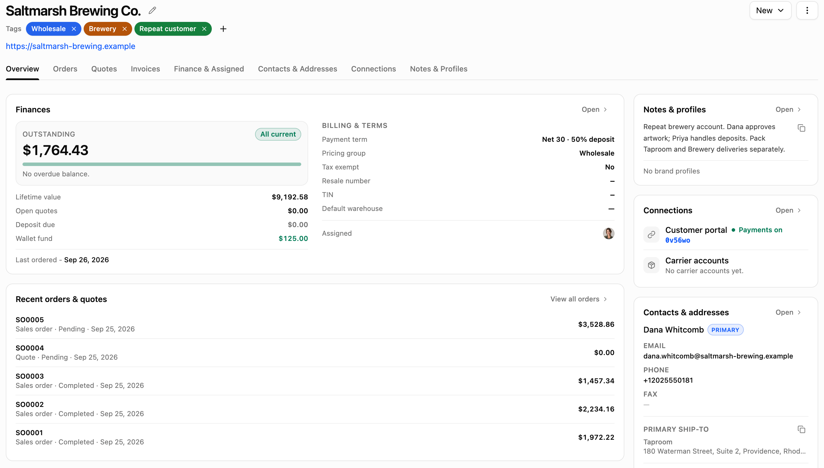 A customer record: tags, finances with the payment term, recent orders and quotes, and the primary contact