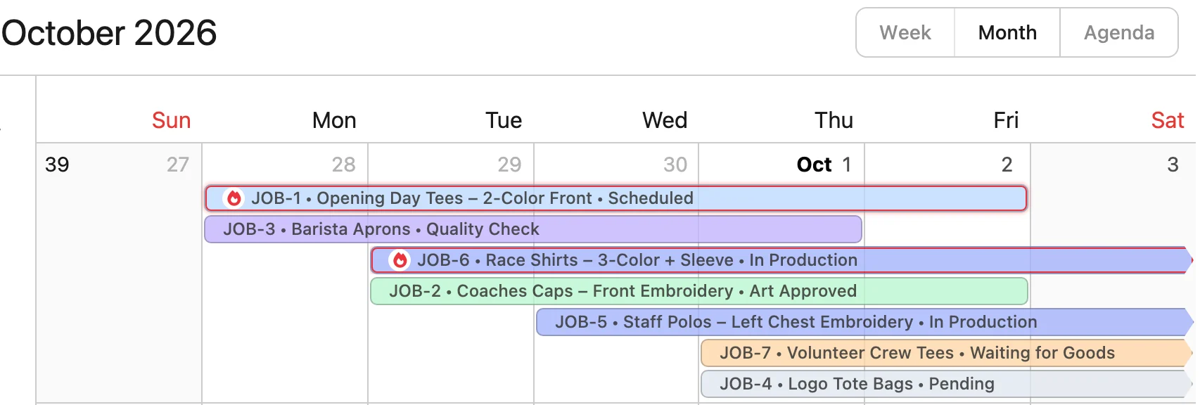 The same jobs on YoPrint's October calendar, the first week: JOB-1's bar spans Monday to Friday with its rush outline, and six more jobs run across the week in their status colours.