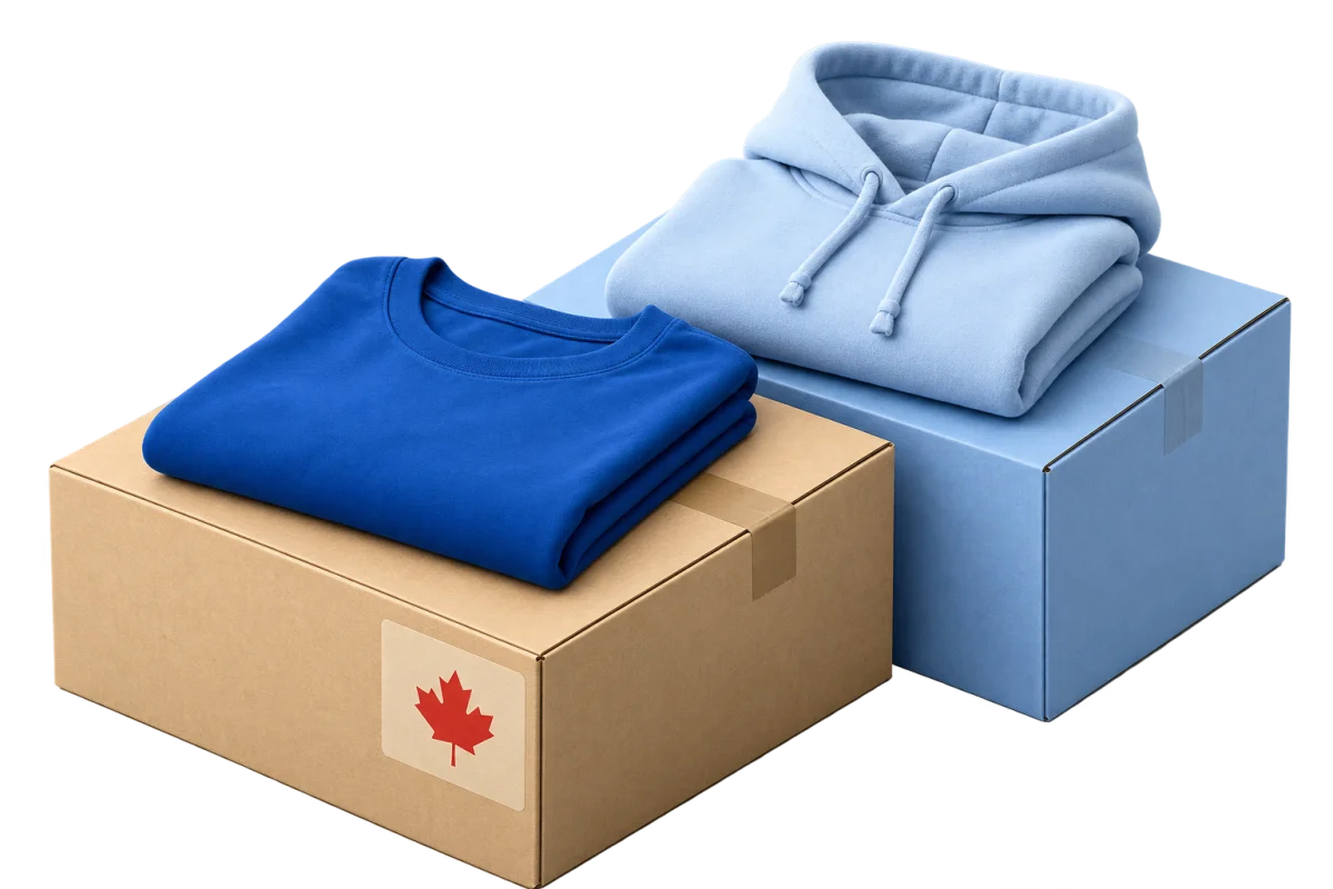 Folded apparel on shipping cartons with a Canadian maple leaf