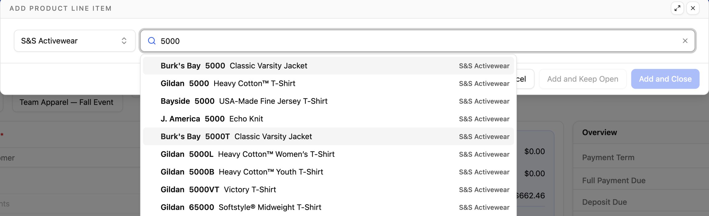 Search results from multiple clothing brands with S&S Activewear selected in YoPrint.