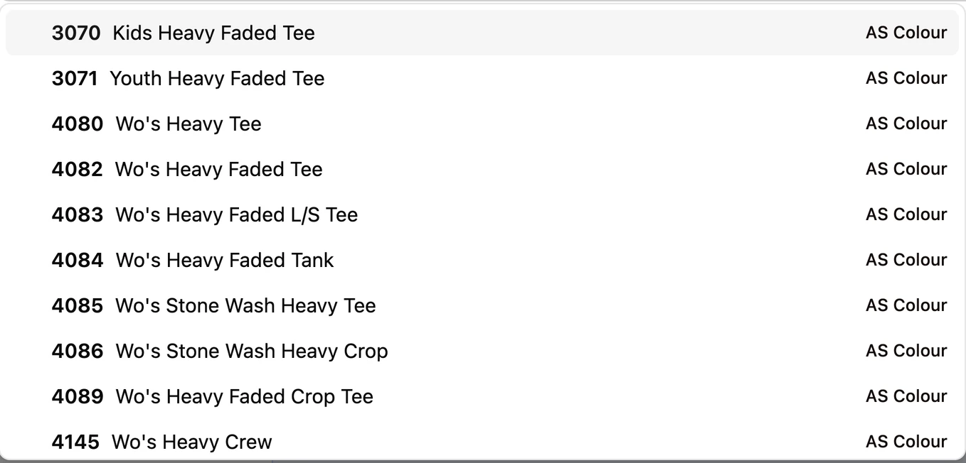 Catalog search results in YoPrint: AS Colour heavy tees, a tank, a crop tee and a crew, each listed with its style number.