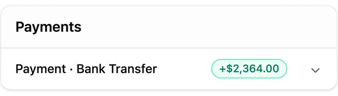 A recorded bank transfer of $2,364 on the order