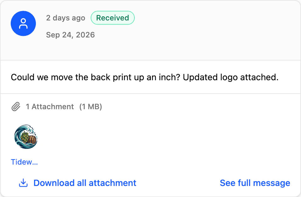 Sep 24, 2026, Received: “Could we move the back print up an inch? Updated logo attached.” The logo file is attached.