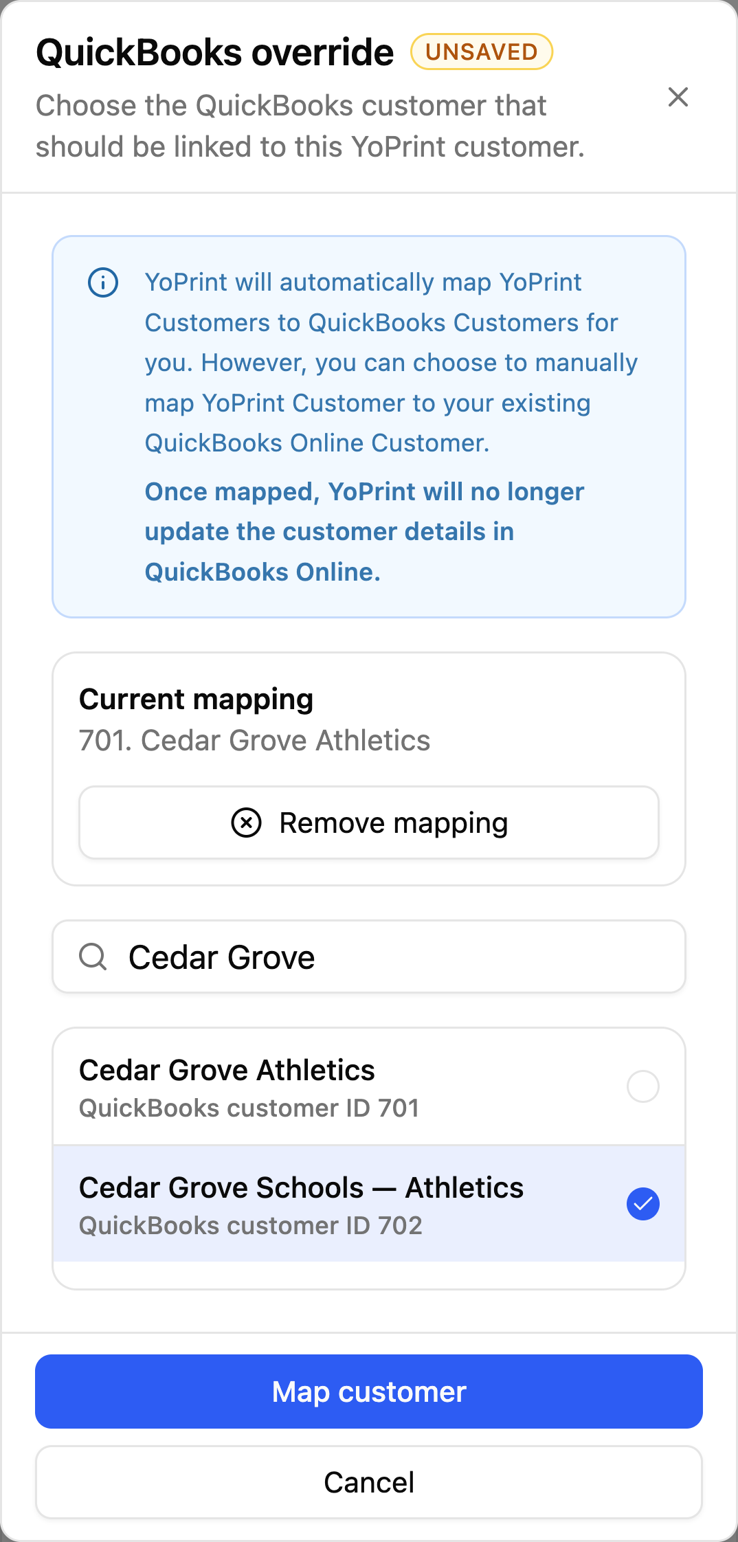 YoPrint QuickBooks customer mapping dialog showing the current mapping, a search for Cedar Grove, a different customer selected, and the Map customer and Cancel actions. The selection has not been saved.